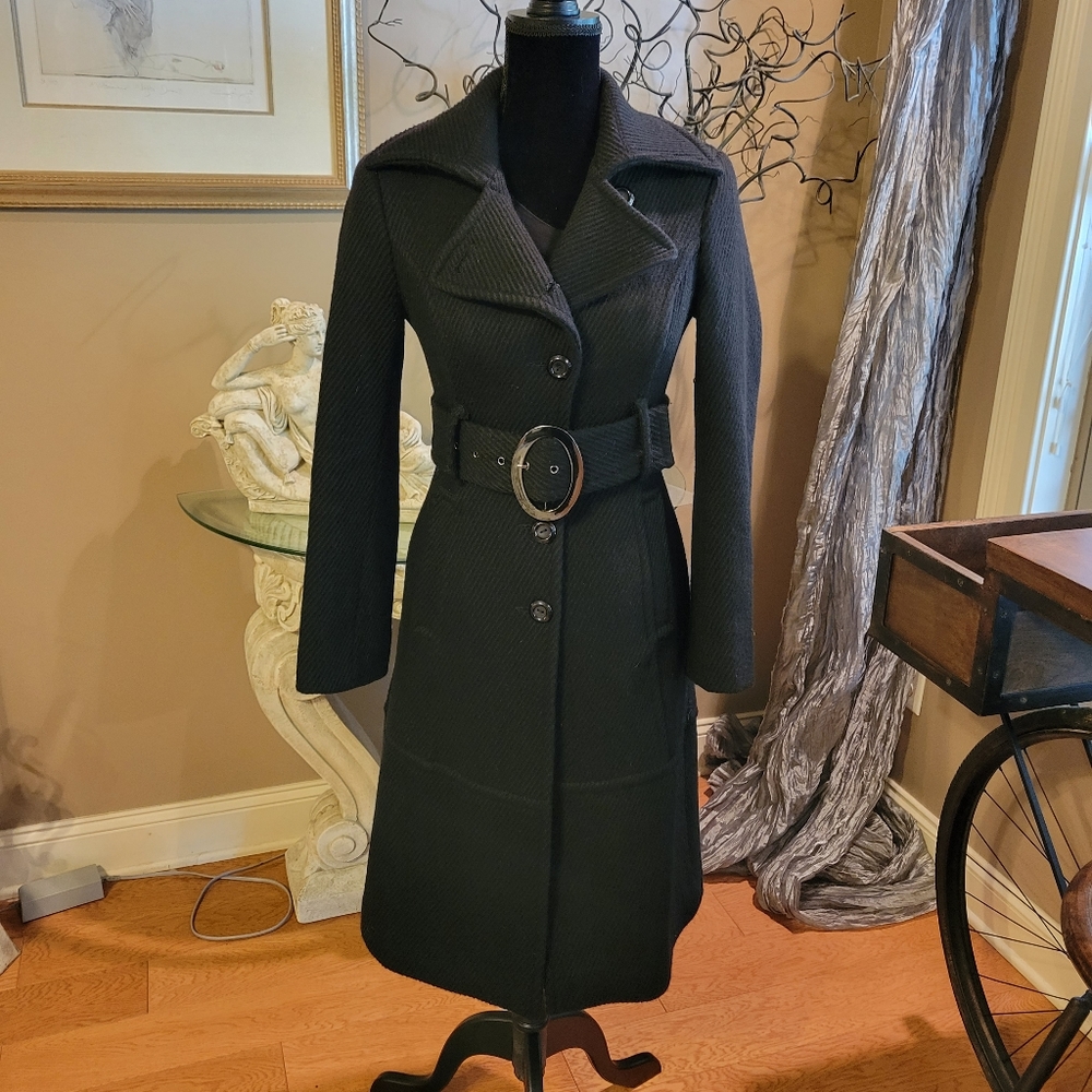 Bebe Knee Length Black Wool Pea Coat, in XS Designer Winter Warm Jacket H04